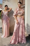 Buy_PIRI INDIA_Pink Organza Embellished Applique Cape Open Dusk Ruffle Palazzo Set _at_Aza_Fashions