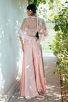 Shop_PIRI INDIA_Pink Organza Embellished Applique Cape Open Dusk Ruffle Palazzo Set _at_Aza_Fashions