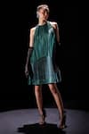 Buy_POOJA SHROFF_Green Lycra Net Shimmery Pleated Halter Neck Palm Tree Paradise Dress _at_Aza_Fashions