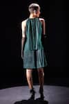 Shop_POOJA SHROFF_Green Lycra Net Shimmery Pleated Halter Neck Palm Tree Paradise Dress _at_Aza_Fashions