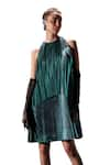 POOJA SHROFF_Green Lycra Net Shimmery Pleated Halter Neck Palm Tree Paradise Dress _Online_at_Aza_Fashions