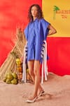 POOJA SHROFF_Blue Cotton Solid Collar Neck Malibu Eyelet Fringe Embellished Shirt _Online_at_Aza_Fashions