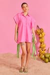 Buy_POOJA SHROFF_Pink Cotton Solid Collar Neck Malibu Eyelet Fringe Embellished Shirt _at_Aza_Fashions