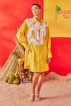 Buy_POOJA SHROFF_Yellow Cotton Embellished Pleated Wave Collar Neck Malibu Shirt Dress _at_Aza_Fashions