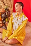 POOJA SHROFF_Yellow Cotton Embellished Pleated Wave Collar Neck Malibu Shirt Dress _at_Aza_Fashions