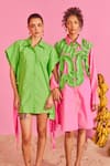 POOJA SHROFF_Pink Cotton Embellished Pleated Wave Collar Neck Malibu Shirt Dress _Online_at_Aza_Fashions