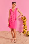 Buy_POOJA SHROFF_Pink Banana Crepe Embellished Pearl V Neck Ellora Panelled Short Dress _at_Aza_Fashions