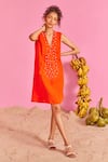 Buy_POOJA SHROFF_Orange Banana Crepe Embellished Pearl V Neck Ellora Short A-line Dress _at_Aza_Fashions