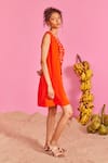 POOJA SHROFF_Orange Banana Crepe Embellished Pearl V Neck Ellora Short A-line Dress _Online_at_Aza_Fashions