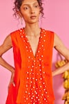 Buy_POOJA SHROFF_Orange Banana Crepe Embellished Pearl V Neck Ellora Short A-line Dress _Online_at_Aza_Fashions