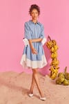 Buy_POOJA SHROFF_Blue Light Denim Cotton Embroidery Schiffli Collar Neck Border Dress _at_Aza_Fashions