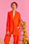 POOJA SHROFF_Orange Banana Crepe Solid Shawl Lapel Collar Beach Glamour Blazer With Pant _Online_at_Aza_Fashions