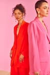 POOJA SHROFF_Orange Banana Crepe Solid Shawl Lapel Collar Beach Glamour Blazer With Pant _at_Aza_Fashions