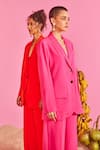 POOJA SHROFF_Pink Banana Crepe Solid Shawl Lapel Collar Beach Glamour Blazer With Pant _Online_at_Aza_Fashions