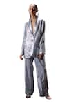 POOJA SHROFF_Silver Shawl Lapel Collar Beach Glamour Shimmery Blazer With Pant _Online_at_Aza_Fashions