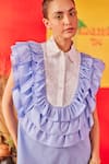 Shop_POOJA SHROFF_Blue Cotton Embroidery Schiffli Collar Neck Surfside Yoke Ruffled Top _Online_at_Aza_Fashions