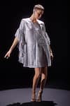 Buy_POOJA SHROFF_Silver Foil V Neck Short Ruffled Sleeve Dress _at_Aza_Fashions