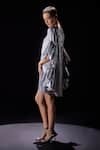 POOJA SHROFF_Silver Foil V Neck Short Ruffled Sleeve Dress _Online_at_Aza_Fashions