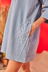 POOJA SHROFF_Blue Denim Embellished Pearl Collared Pocket Dress _at_Aza_Fashions