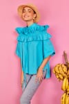 Buy_POOJA SHROFF_Blue Cotton Band Collar Breezy Button Up Top _at_Aza_Fashions