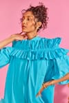 Buy_POOJA SHROFF_Blue Cotton Band Collar Breezy Button Up High Low Shirt Dress _Online_at_Aza_Fashions