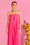 POOJA SHROFF_Pink Banana Crepe Straight Off-shoulder Plain Jumpsuit _Online_at_Aza_Fashions