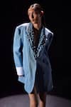 POOJA SHROFF_Blue Denim Embellished Pearl Lapel Collar Shoreline Blazer Dress_at_Aza_Fashions