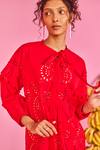 Buy_POOJA SHROFF_Red Cotton Laser Cutwork Geometric Tie-up Collar Cut Dress _Online_at_Aza_Fashions