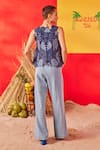 Shop_POOJA SHROFF_Blue Denim Cutwork Lotus V Neck Top _at_Aza_Fashions