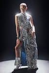 Buy_POOJA SHROFF_Silver Denim And Net Sequin Embellished Crystal Collared Shimmer Cut-out Dress