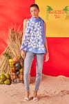 Buy_POOJA SHROFF_Blue Cotton Patchwork Abstract Floral Tie-up Collar Work Top _at_Aza_Fashions