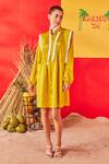 Buy_POOJA SHROFF_Yellow Satin Plain Collared Neck Summer Pleated Dress _at_Aza_Fashions