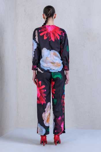 Shop_The Dramebaaz CO_Black Art Twill Printed Scarlet Garden Round Neck Top And Pant Set _at_Aza_Fashions