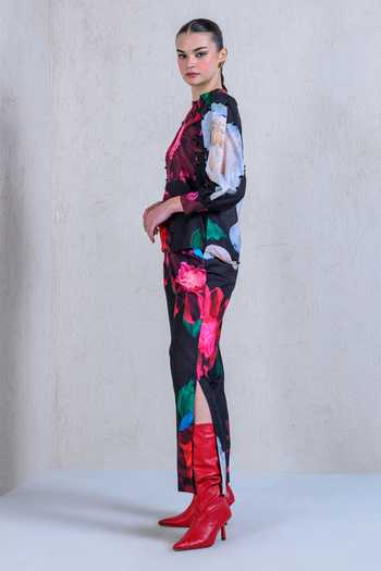 The Dramebaaz CO_Black Art Twill Printed Scarlet Garden Round Neck Top And Pant Set _at_Aza_Fashions
