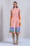 Buy_The Dramebaaz Co_Orange Art Twill Printed Striped High Collar Bloombells Smocked Dress _at_Aza_Fashions