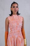 Shop_The Dramebaaz Co_Orange Art Twill Printed Striped High Collar Bloombells Smocked Dress _at_Aza_Fashions