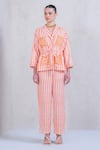 Shop_The Dramebaaz Co_Orange Art Twill Printed Striped Lapel Collar Mandarin Meadow Shirt And Pant Set _Online_at_Aza_Fashions