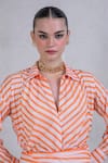 Buy_The Dramebaaz Co_Orange Art Twill Printed Striped Collar Citrus Crush Shirt And Skirt Set 