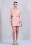 Buy_The Dramebaaz Co_Orange Art Twill Printed Striped Lapel Collar Sunset Streak Dress _at_Aza_Fashions