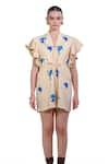 Buy_The Dramebaaz Co_Off White Cotton Denim Twill Applique Embroidered Velvet Blooms Ruffle Dress 