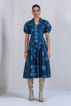 Buy_The Dramebaaz Co_Blue Cotton Denim Twill Printed Mega Montera Collar Dress _Online_at_Aza_Fashions