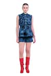 The Dramebaaz Co_Blue Cotton Denim Twill Abstract Applique Magnolia Pattern Top With Shorts _at_Aza_Fashions