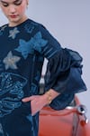 Buy_The Dramebaaz Co_Blue Cotton Denim Twill Floral Round Gilded Dahlia Pattern Dress _Online_at_Aza_Fashions