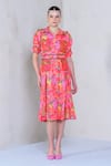 Buy_The Dramebaaz Co_Pink Art Twill Print Floral Stand Collar Prism Petal Shirt Dress _at_Aza_Fashions