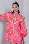 Buy_The Dramebaaz Co_Pink Art Twill Print Floral Flat Collar Stellar Spectrum Dress _Online_at_Aza_Fashions