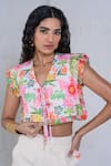 Shop_The Dramebaaz Co_White Art Twill Print Floral V-neck Fairy Floss Crop Top With Pant _at_Aza_Fashions