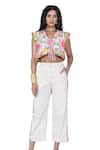 Buy_The Dramebaaz Co_White Art Twill Print Floral V-neck Fairy Floss Crop Top With Pant 