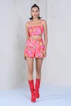 Buy_The Dramebaaz Co_Pink Art Twill Print Floral Square Foxglove Bustier With Shorts _at_Aza_Fashions