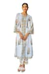 Maison Shefali_Ivory Cotton Hand Block Print Floral Notched Round Kurta And Pant Set _Online_at_Aza_Fashions