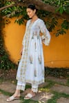 Shop_Maison Shefali_Ivory Cotton Hand Block Print Floral Notched Round Kurta And Pant Set _Online_at_Aza_Fashions